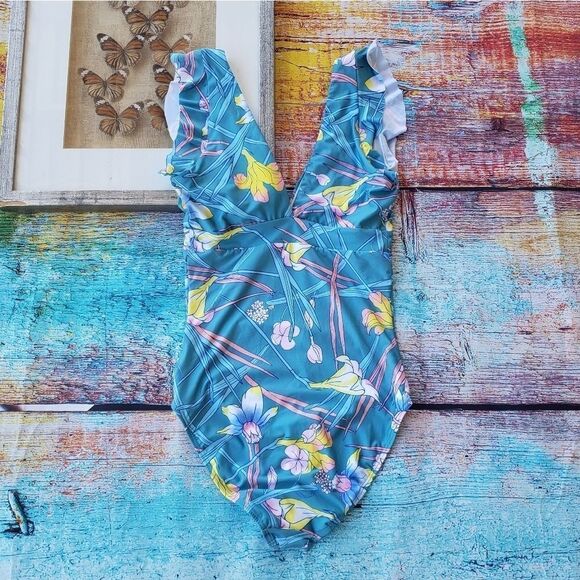 Modcloth The Kelsie Blue Floral Deep V One-Piece Swimsuit S - Picture 7 of 10